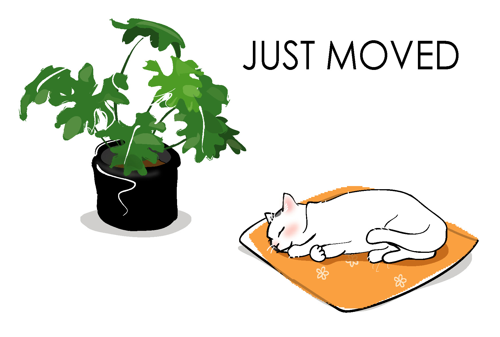 転居報告ポストカードテンプレート 観葉植物と猫 ダウンロード かわいい無料はがきテンプレート はがき絵箱