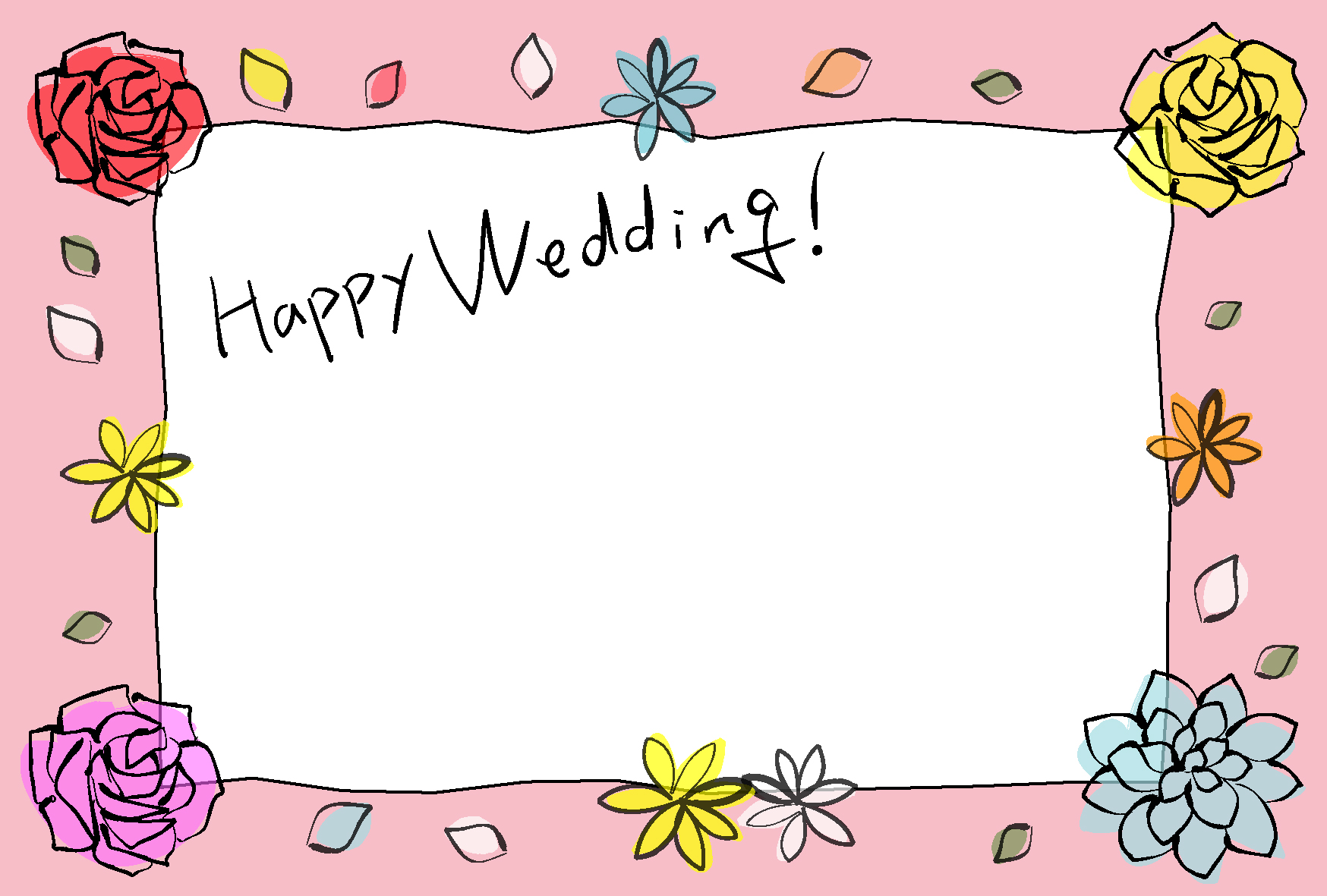 結婚祝い 報告はがきテンプレート お花の飾り枠 ダウンロード かわいい無料はがきテンプレート はがき絵箱